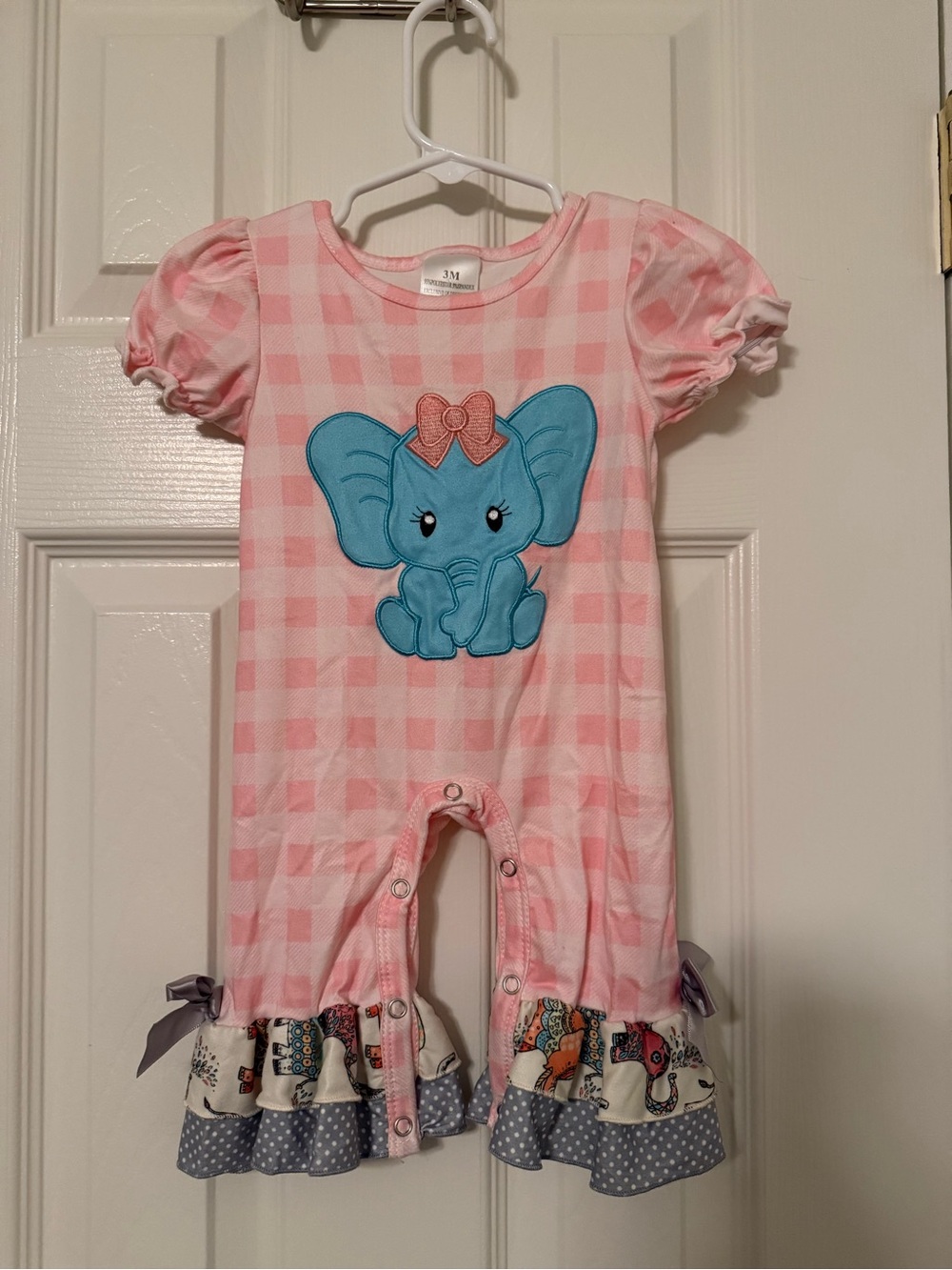 Pink Gingham Elephant One-Piece Romper with Ruffle Trim 3mo